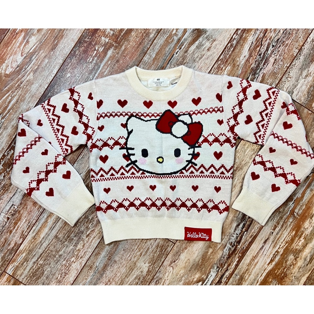 Hello Kitty H&M Kids Sweater Hearts Sanrio Cream Red Size‎ 8-10 Valentine